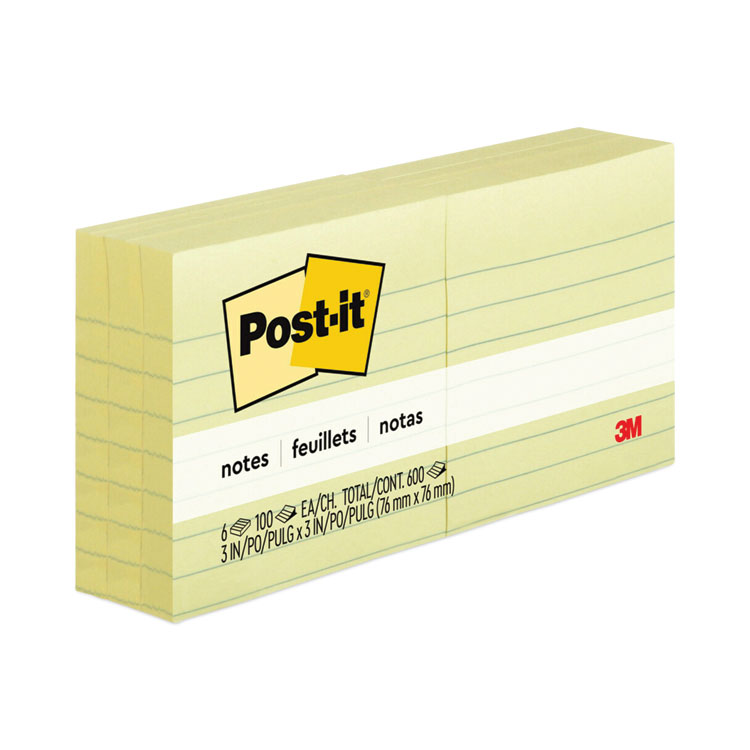 Post-it Notes Original Pads in Canary Yellow, Note Ruled, 3" x 3", 100 Sheets/Pad, 6 Pads/Pack (MMM6306PK)
