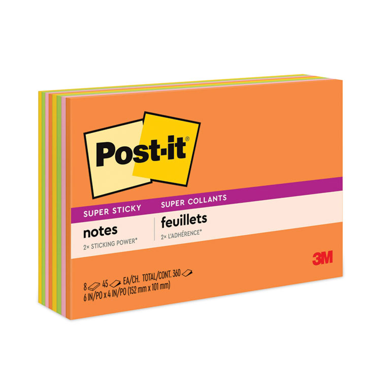 Post-it Notes Super Sticky Meeting Notes in Energy Boost Collection Colors, 6" x 4", 45 Sheets/Pad, 8 Pads/Pack (MMM6445SSP)