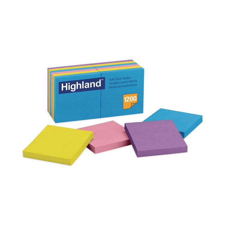 Highland Self-Stick Notes, 3" x 3", Assorted Bright Colors, 100 Sheets/Pad, 12 Pads/Pack (MMM6549B)