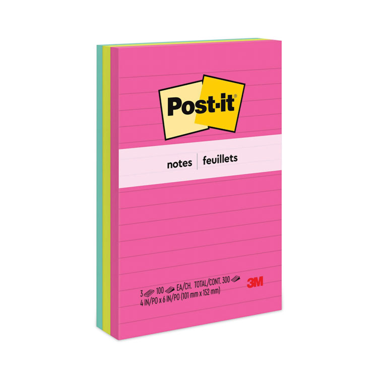 Post-it Notes Original Pads in Poptimistic Collection Colors, Note Ruled, 4" x 6", 100 Sheets/Pad, 3 Pads/Pack (MMM6603AN)
