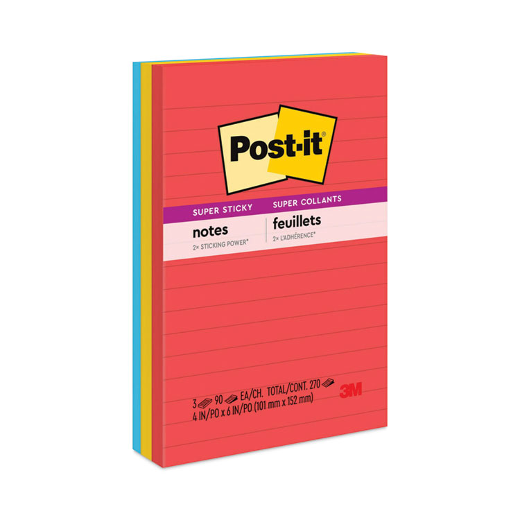 Post-it Notes Super Sticky Pads in Playful Primary Collection Colors, Note Ruled, 4" x 6", 90 Sheets/Pad, 3 Pads/Pack (MMM6603SSAN)