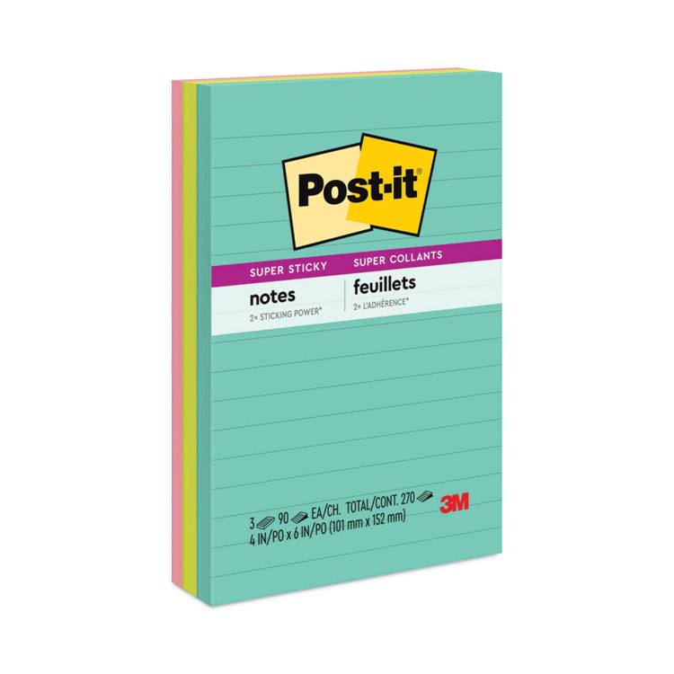 Post-it Notes Super Sticky Pads in Supernova Neon Collection Colors, Note Ruled, 4" x 6", 90 Sheets/Pad, 3 Pads/Pack (MMM6603SSMIA)