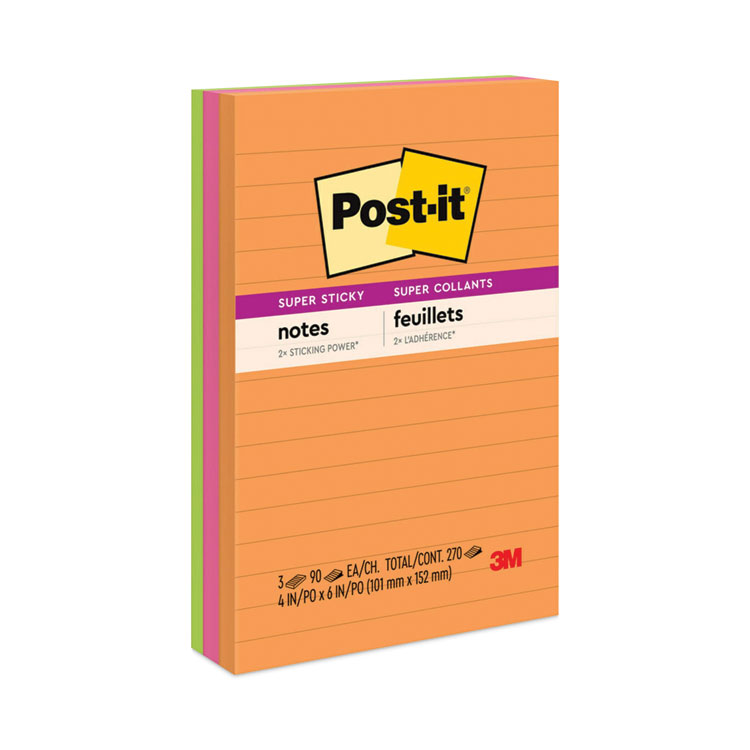 Post-it Notes Super Sticky Pads in Energy Boost Collection Colors, Note Ruled, 4" x 6", 90 Sheets/Pad, 3 Pads/Pack (MMM6603SSUC)
