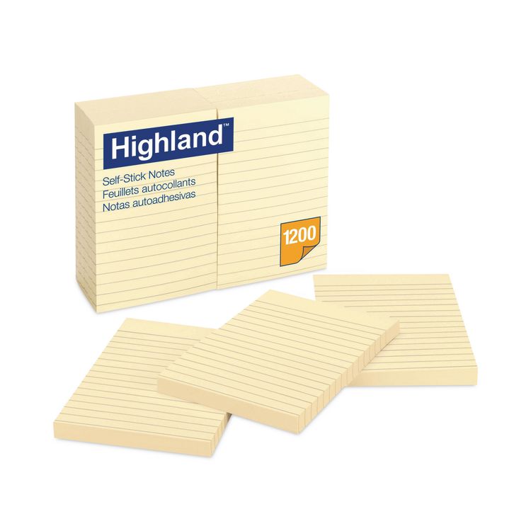 Highland Self-Stick Notes, Note Ruled, 4" x 6", Yellow, 100 Sheets/Pad, 12 Pads/Pack (MMM6609YW)