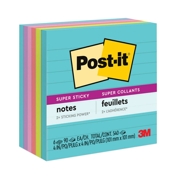 Post-it Notes Super Sticky Pads in Supernova Neon Collection Colors, Note Ruled, 4" x 4", 90 Sheets/Pad, 6 Pads/Pack (MMM6756SSMIA)