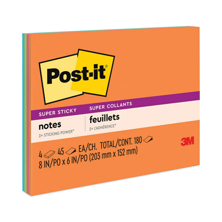 Post-it Notes Super Sticky Meeting Notes in Energy Boost Collection Colors, 8" x 6", 45 Sheets/Pad, 4 Pads/Pack (MMM6845SSP)
