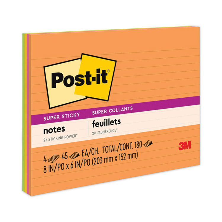 Post-it Notes Super Sticky Meeting Notes in Energy Boost Collection Colors, Note Ruled, 8" x 6", 45 Sheets/Pad, 4 Pads/Pack (MMM6845SSPL)