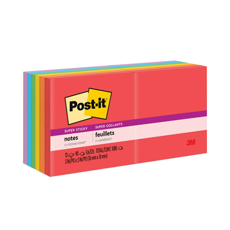 MMM65412SSAN - Post-it Notes Super Sticky Pads in Playful Primary Collection Colors, 3" x 3", 90 Sheets/Pad, 12 Pads/Pack (MMM65412SSAN)