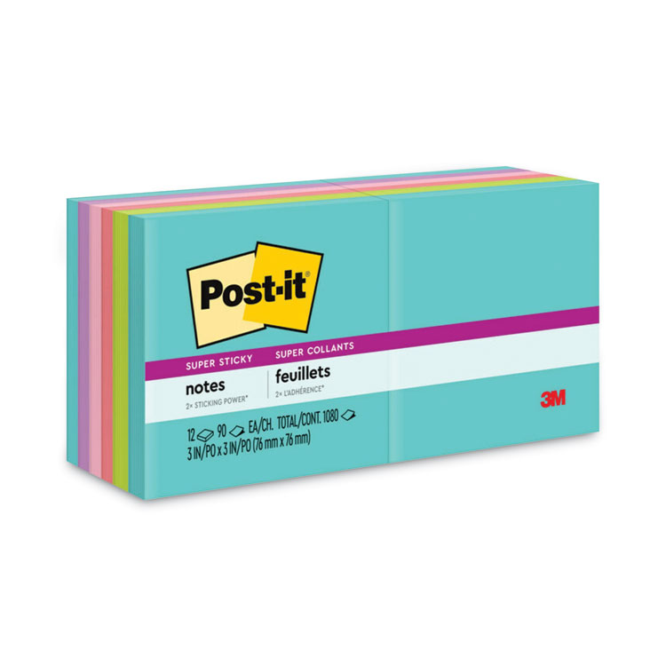 Post-it Notes Super Sticky Pads in Supernova Neon Collection Colors, 3" x 3", 90 Sheets/Pad, 12 Pads/Pack (MMM65412SSMIA)