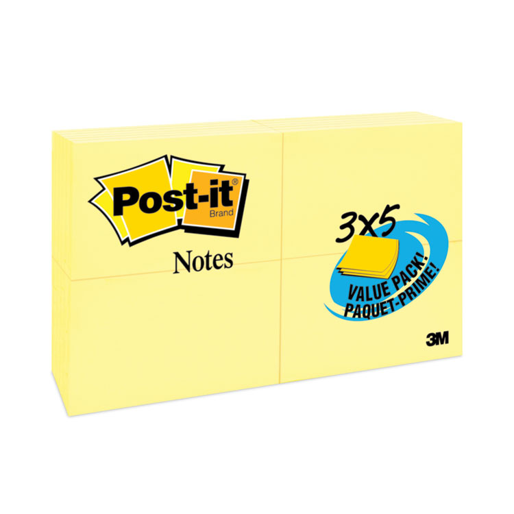 Post-it Notes Original Pads in Canary Yellow, Value Pack, 3" x 5", 100 Sheets/Pad, 24 Pads/Pack (MMM65524VAD)