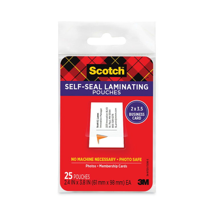Scotch Self-Sealing Laminating Pouches, 9.5 mil, 3.88" x 2.44", Gloss Clear, 25/Pack (MMMLS851G)
