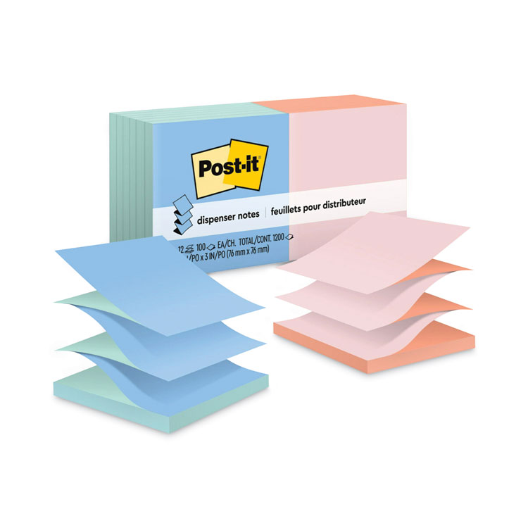 Post-it Dispenser Notes Original Pop-up Refill, Beachside Cafe Collection Alternating-Color Value Pack, 3" x 3", 100 Sheets/Pad, 12 Pads/Pack (MMMR330UALT)
