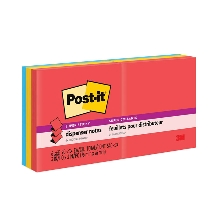 Post-it Dispenser Notes Super Sticky Pop-up 3 x 3 Note Refill, 3" x 3", Playful Primaries Collection Colors, 90 Sheets/Pad, 6 Pads/Pack (MMMR3306SSAN)