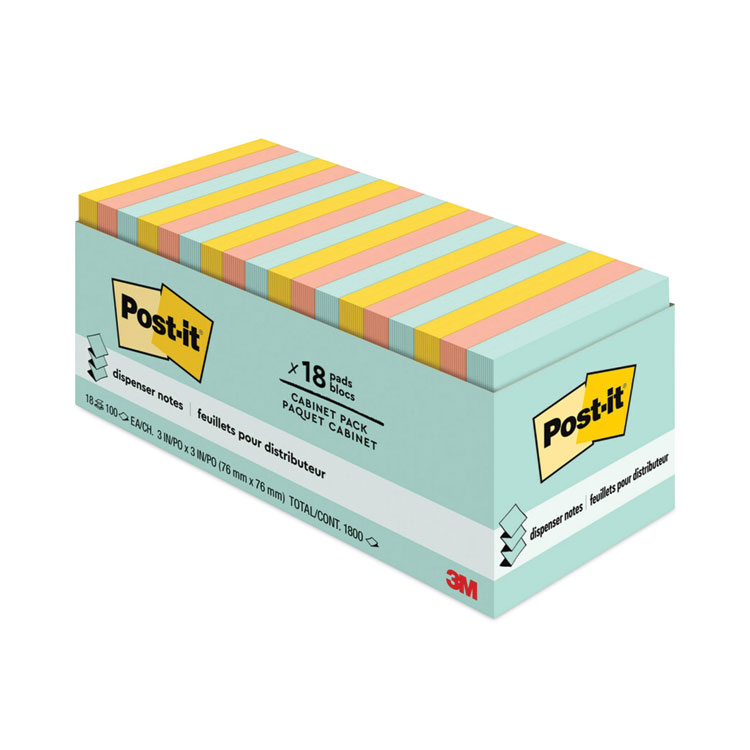Post-it Dispenser Notes Original Pop-up Refill Cabinet Pack, 3" x 3", Beachside Cafe Collection Colors, 100 Sheets/Pad, 18 Pads/Pack (MMMR33018APCP)