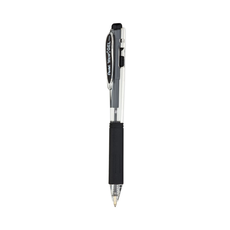 Pentel WOW! Gel Pen, Retractable, Medium 0.7 mm, Black Ink, Clear/Black Barrel, 24/Pack (PENK437ASW2)
