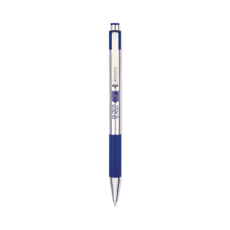 Zebra G-301 Gel Pen, Retractable, Medium 0.7 mm, Blue Ink, Stainless Steel/Blue Barrel, 2/Pack (ZEB41322)