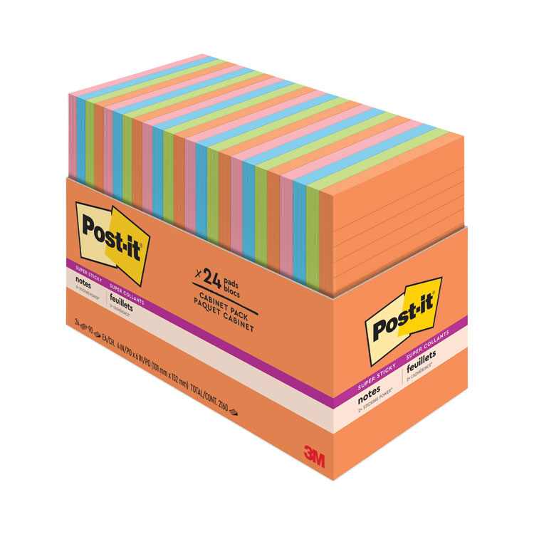 Post-it Notes Super Sticky Pads in Energy Boost Collection Colors, Note Ruled, 4" x 6", 45 Sheets/Pad, 24 Pads/Pack (MMM66024SSAUCP)