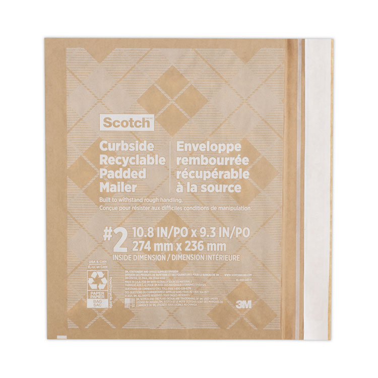 Scotch Curbside Recyclable Padded Mailer, #2, Bubble Cushion, Self-Adhesive Closure, 11.25 x 12, Natural Kraft, 100/Carton (MMMCR21)
