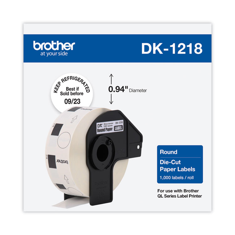 BROTHER INTL. CORP. Die-Cut Round Paper Labels, 0.94" dia, White, 1,000 Labels/Roll (BRTDK1218)