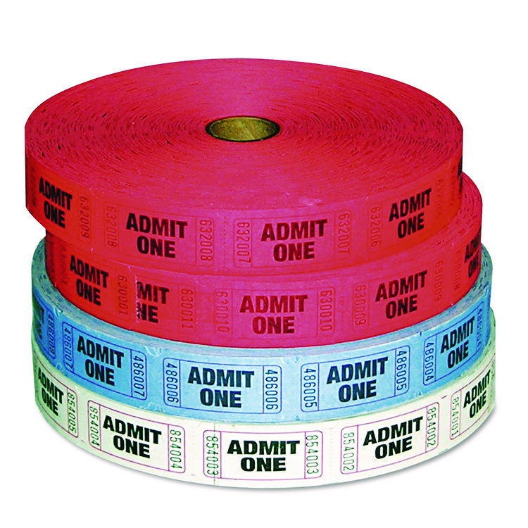 Iconex Admit-One Ticket Multi-Pack, 2 Red, 1 Blue, 1 White, 2,000/Roll, 4 Rolls/Pack (ICX94190081)