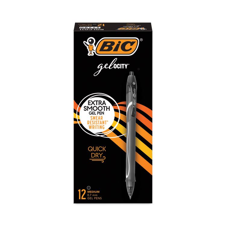 BIC Gel-ocity Quick Dry Gel Pen, Retractable, Medium 0.7 mm, Black Ink, Black Barrel, Dozen (BICRGLCG11BK)