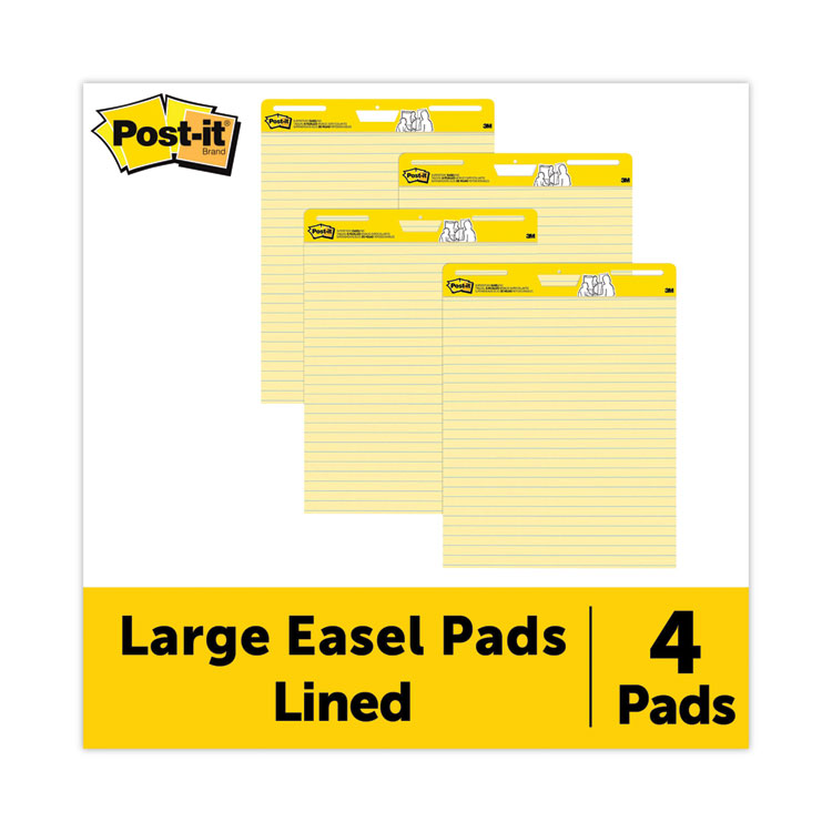 Post-it Easel Pads Super Sticky Vertical-Orientation Self-Stick Easel Pad Value Pack, Presentation Format (1.5" Rule), 25 x 30, Yellow, 30 Sheets, 4/Carton (MMM561VAD4PK)