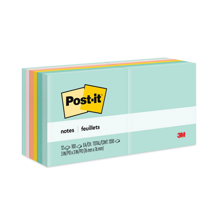 Post-it Notes Original Pads in Beachside Cafe Collection Colors, 3" x 3", 100 Sheets/Pad, 12 Pads/Pack (MMM654AST)