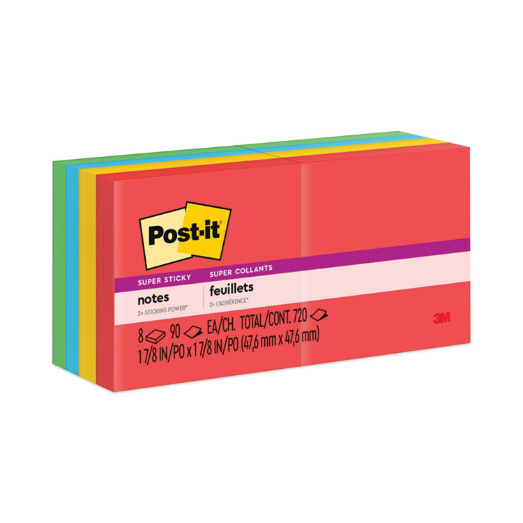 Post-it Notes Super Sticky Pads in Playful Primary Collection Colors, 2" x 2", 90 Sheets/Pad, 8 Pads/Pack (MMM6228SSAN)