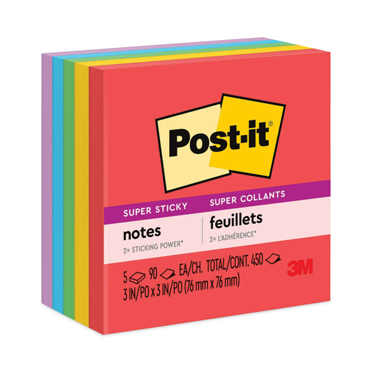 Post-it Notes Super Sticky Pads in Playful Primary Collection Colors, 3" x 3", 90 Sheets/Pad, 5 Pads/Pack (MMM6545SSAN)