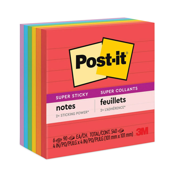 Post-it Notes Super Sticky Pads in Playful Primary Collection Colors, Note Ruled, 4" x 4", 90 Sheets/Pad, 6 Pads/Pack (MMM6756SSAN)