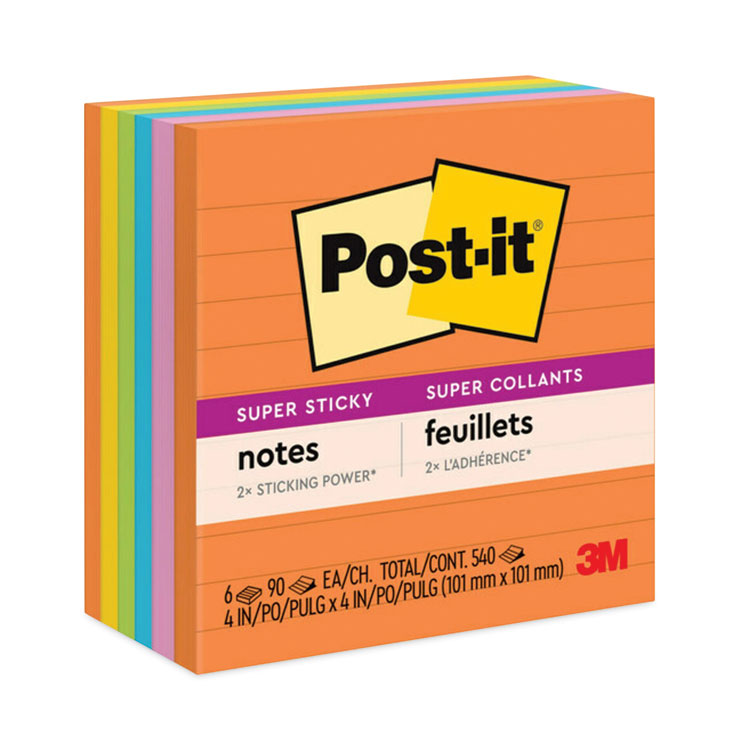 Post-it Notes Super Sticky Pads in Energy Boost Collection Colors, Note Ruled, 4" x 4", 90 Sheets/Pad, 6 Pads/Pack (MMM6756SSUC)