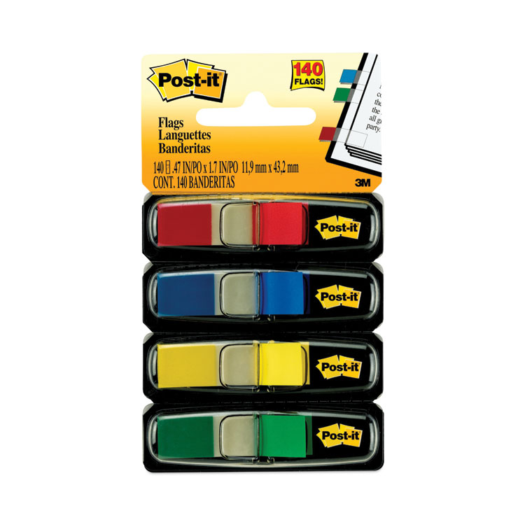 Post-it Flags Small Page Flags in Dispensers, 0.5 x 1.75, Assorted Primary, 35/Color, 4 Dispensers/Pack (MMM6834)