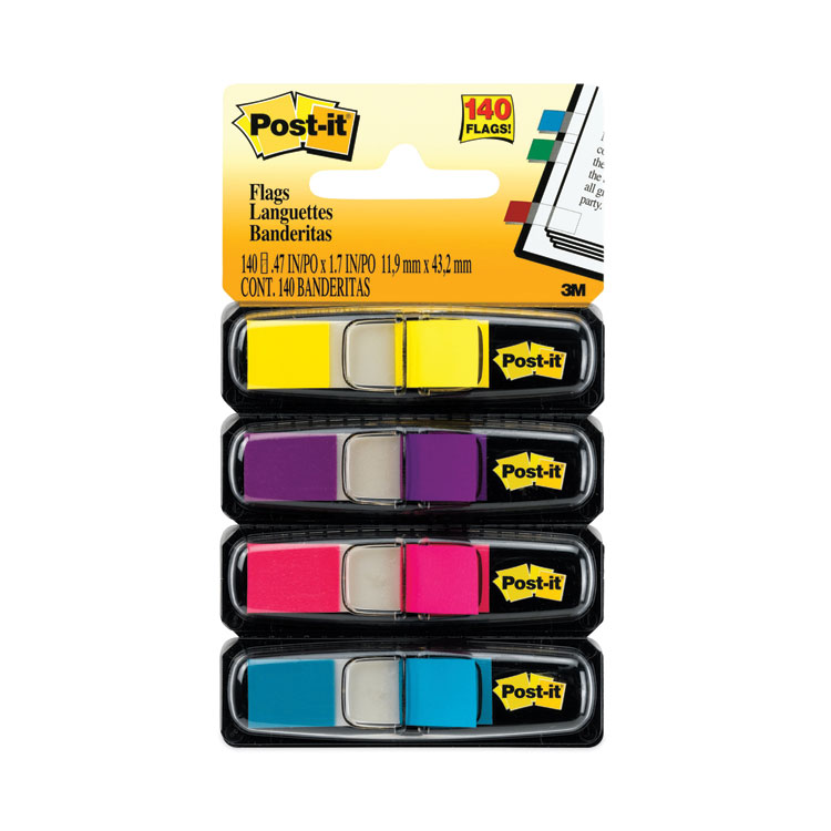 Post-it Flags Small Page Flags in Dispensers, 0.5 x 1.75, Four Colors, 35/Color, 4 Dispensers/Pack (MMM6834AB)
