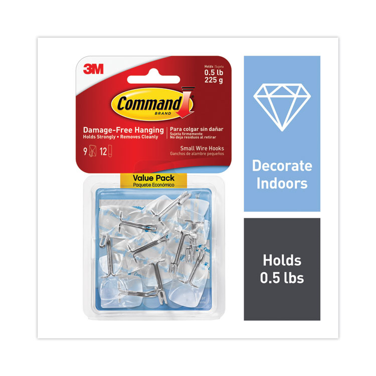 Command Clear Hooks and Strips, Small, Plastic/Metal, 0.5 lb, 9 Hooks and 12 Strips/Pack (MMM17067CLR9ES)