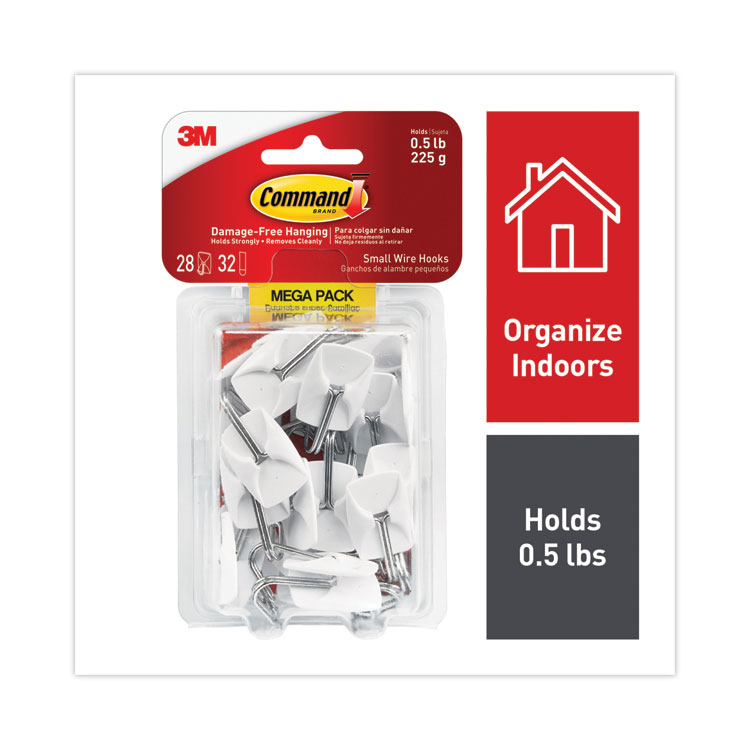 Command General Purpose Hooks, Small, Metal, White/Silver, 0.5 lb Capacity, 28 Hooks and 32 Strips/Pack (MMM17067MPES)