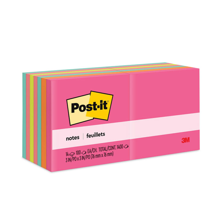 Post-it Notes Original Pads in Poptimistic Colors, Value Pack, 3" x 3", 100 Sheets/Pad, 14 Pads/Pack (MMM65414AN)