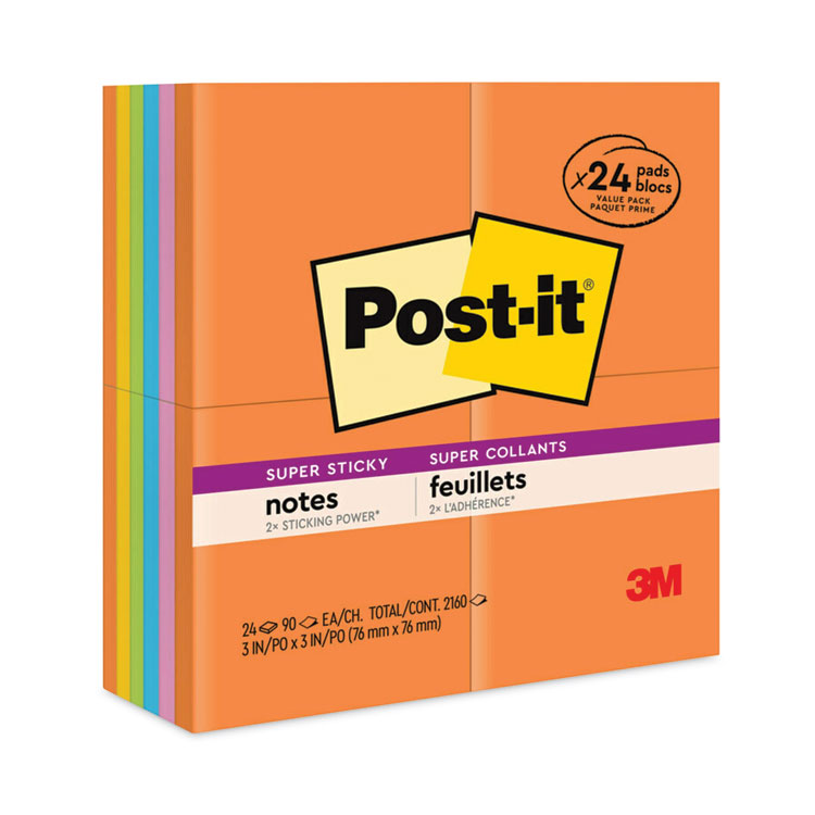 Post-it Notes Super Sticky Pads in Energy Boost Collection Colors, 3" x 3", 90 Sheets/Pad, 24 Pads/Pack (MMM65424SSAU)