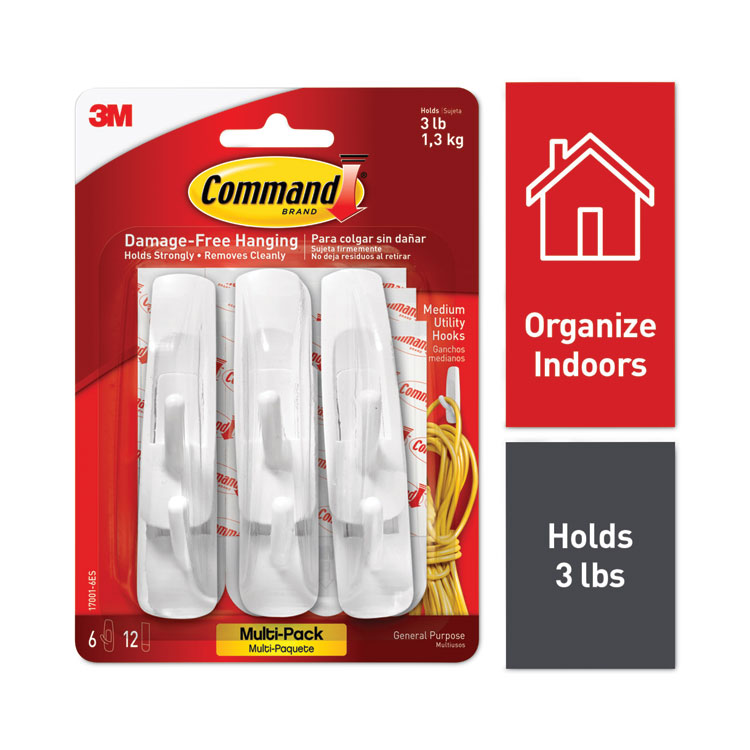 Command General Purpose Hooks Multi-Pack, Medium, Plastic, White, 3 lb Capacity, 6 Hooks and 12 Strips/Pack (MMM170016ES)