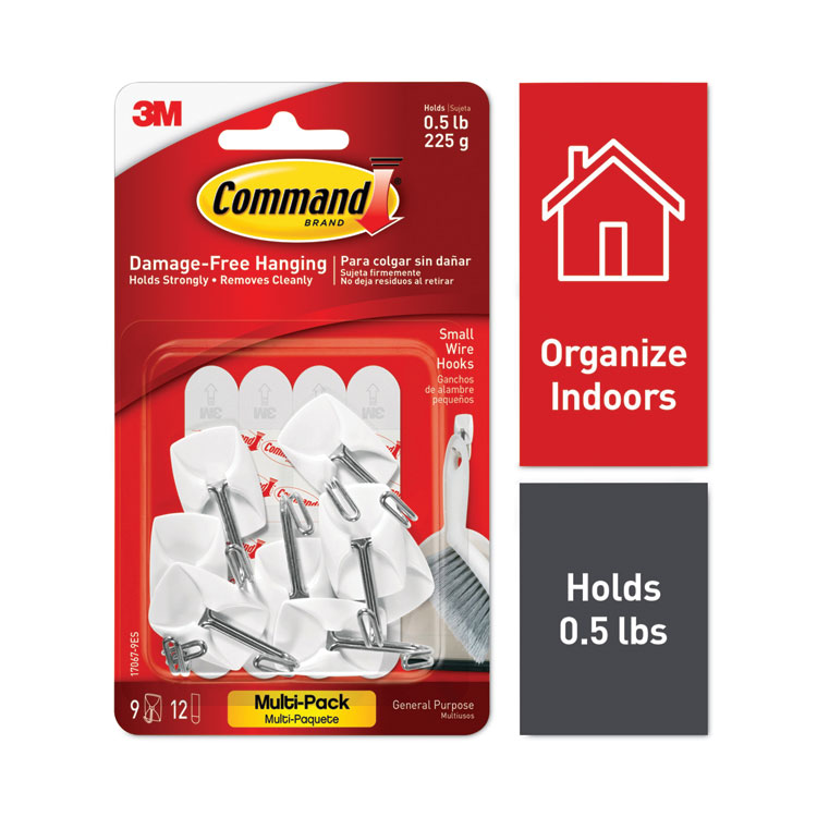 Command General Purpose Wire Hooks Multi-Pack, Small, Metal, White, 0.5 lb Capacity, 9 Hooks and 12 Strips/Pack (MMM170679ES)