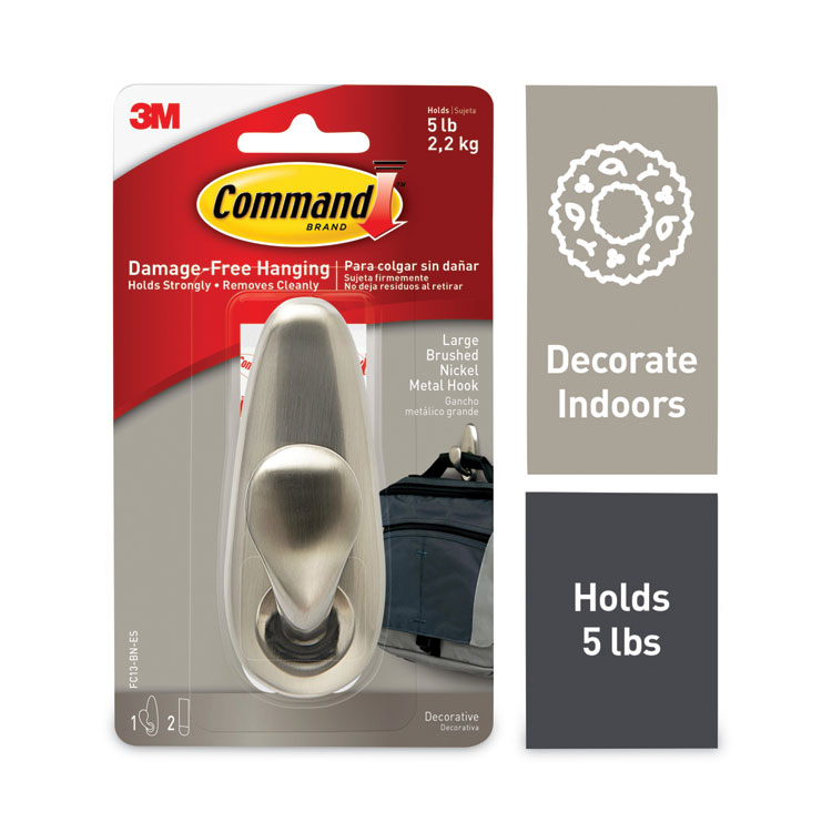 Command Adhesive Mount Metal Hook, Large, Brushed Nickel Finish, 5 lb Capacity, 1 Hook and 2 Strips/Pack (MMMFC13BNES)