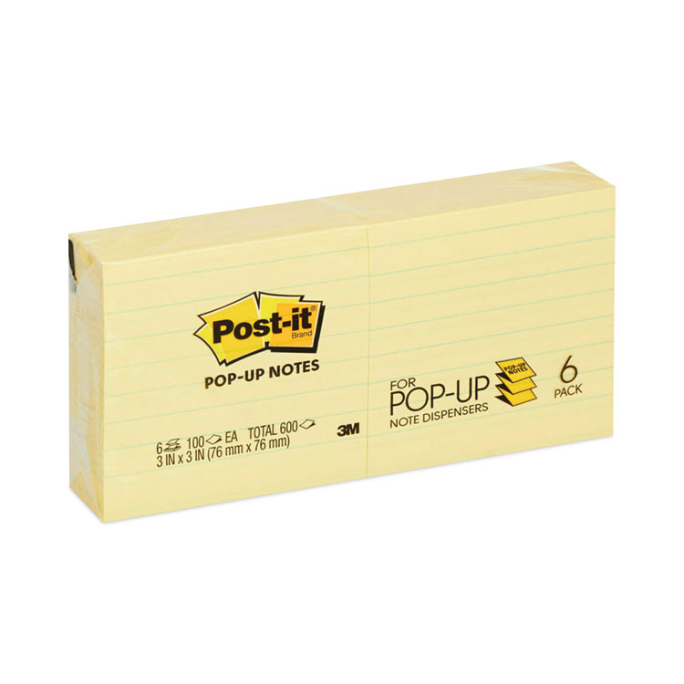 Post-it Pop-up Notes Original Canary Yellow Pop-up Refill, Note Ruled, 3" x 3", Canary Yellow, 100 Sheets/Pad, 6 Pads/Pack (MMMR335YW)