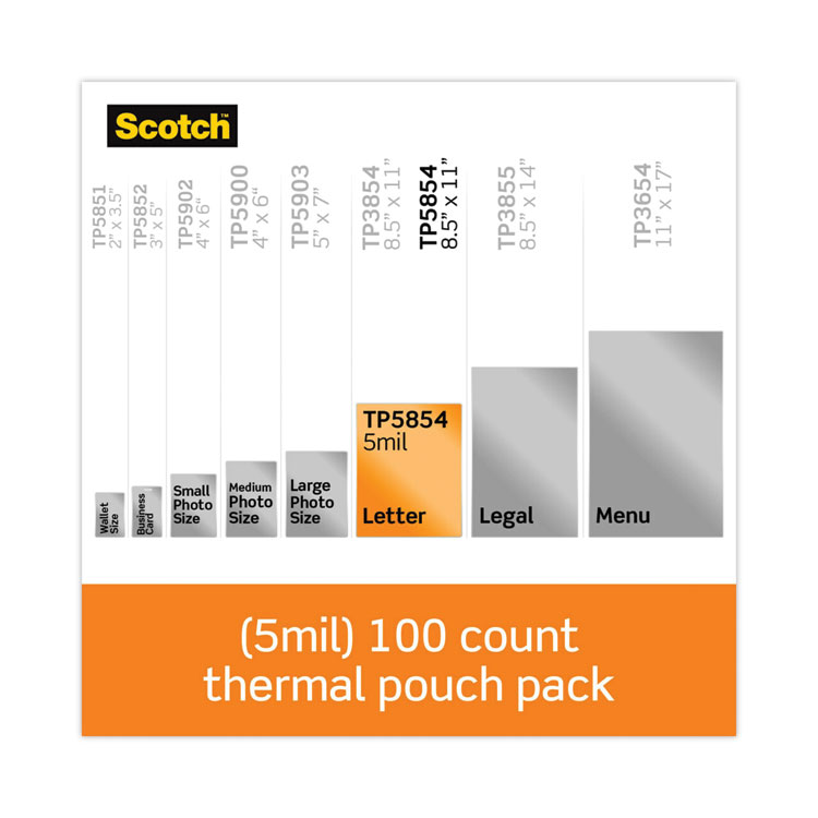 Scotch Laminating Pouches, 5 mil, 9" x 11.5", Gloss Clear, 100/Pack (MMMTP5854100)