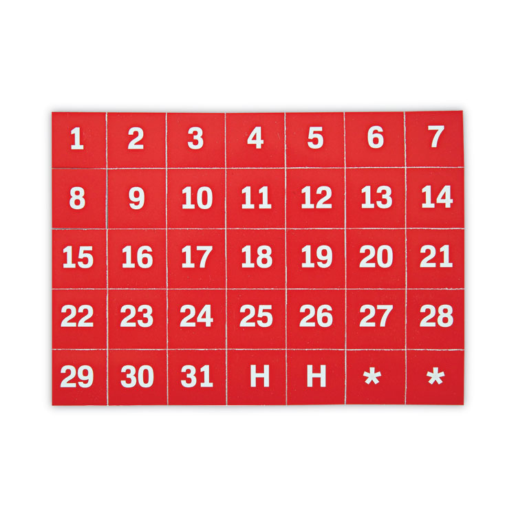 MasterVision Heavy-Duty Board Magnet Labels, Calendar Dates (1-31), 1" Tall, White Characters, Red Background, 35/Pack (BVCFM1209)