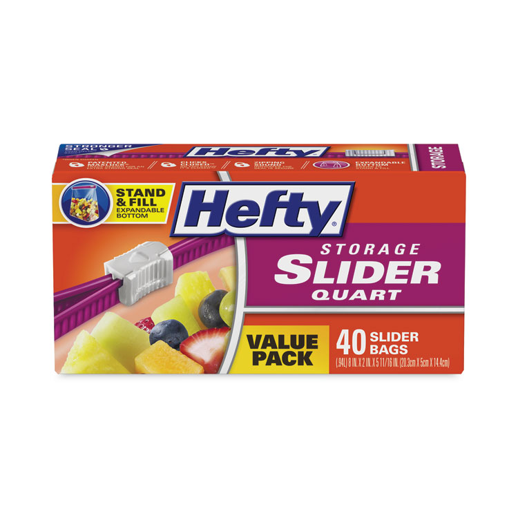Hefty Slider Stand and Fill Food Storage Bags, Quart, 8" x 7", Clear, 40/Box (RFPR88075)