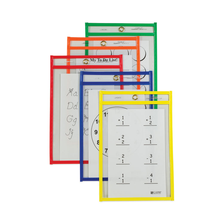 C-Line Reusable Dry Erase Pockets, Super Heavy-Duty, Top Load 6 x 9 Insert, Clear Front, Assorted Border Colors, 10/Pack (CLI41610)