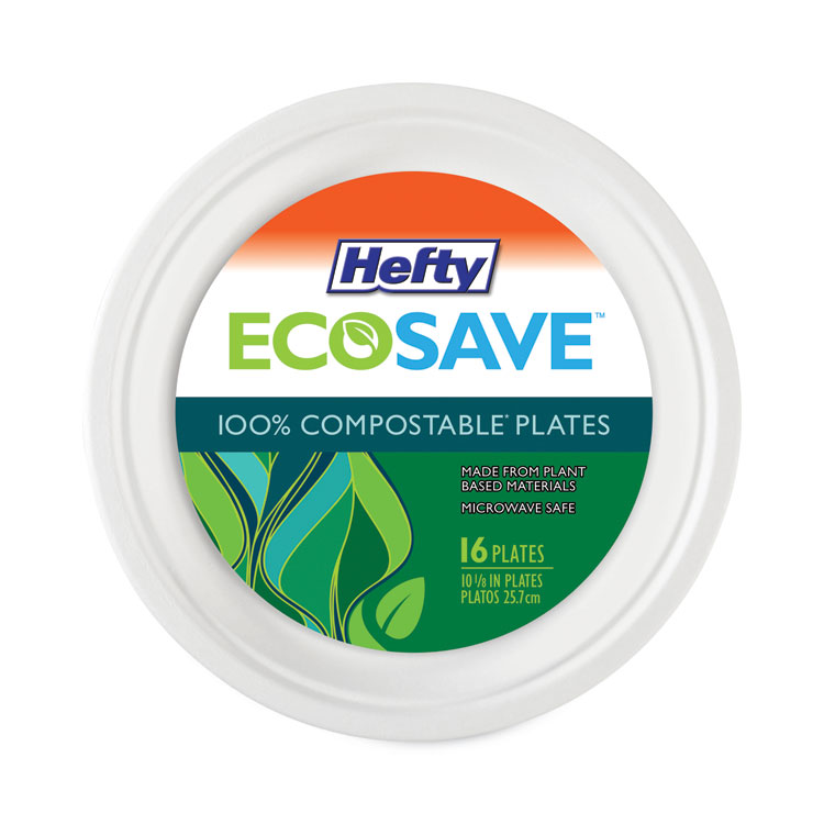 Hefty ECOSAVE Tableware, Plate, Sugarcane, 10.13" dia, White, 16/Pack, 12 Packs/Carton (RFPD71016)