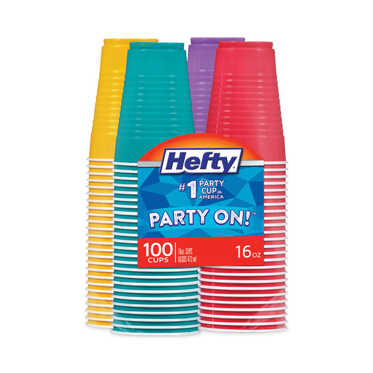Hefty Easy Grip Disposable Plastic Party Cups, 16 oz, Assorted Colors, 100/Pack, 4 Packs/Carton (RFPC21637CT)