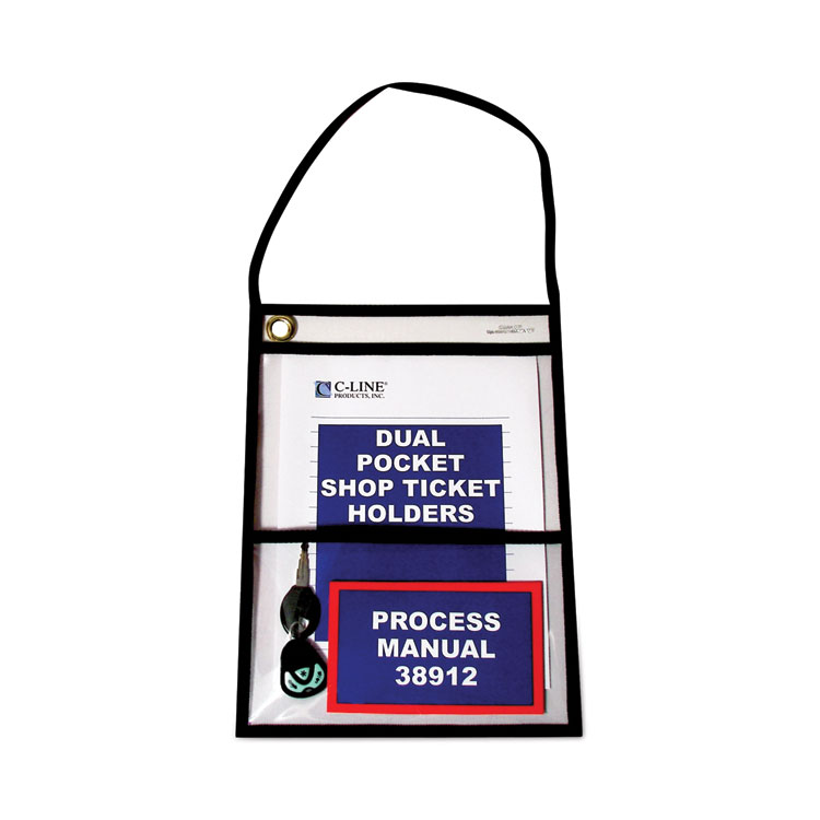 C-Line Stitched Shop Ticket Holders, 22" Hang Strap, Super Heavy-Duty, 9 x 6 and 9 x 12 Inserts, Clear Front, Black Border, 15/Box (CLI38912)