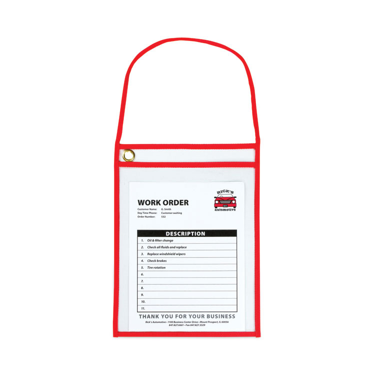 C-Line Stitched Shop Ticket Holders with 22" Hang Strap, Super Heavy-Duty, Top Load 9 x 12 Insert, Clear Front, Red Border, 15/Box (CLI41924)