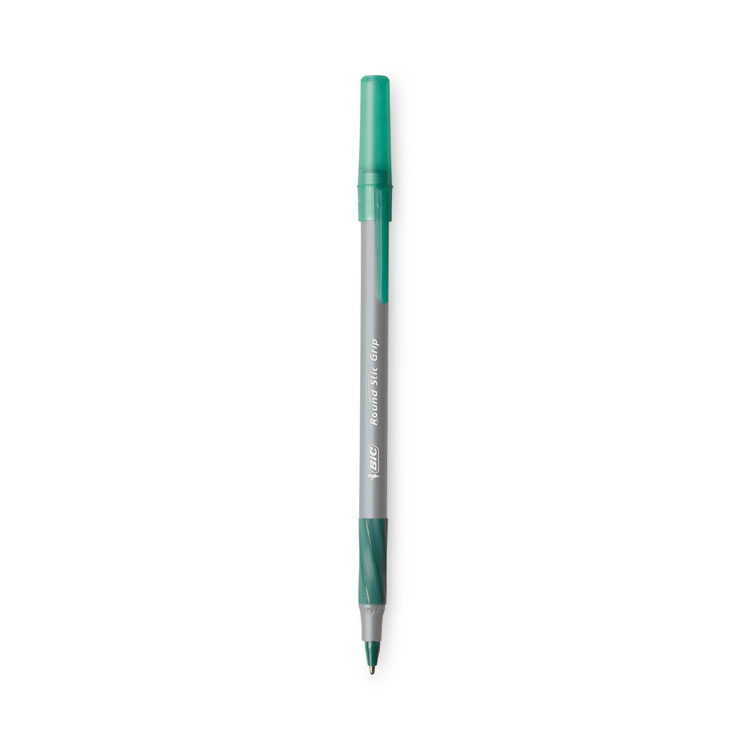 BIC Round Stic Grip Xtra Comfort Ballpoint Pen, Easy-Glide System, Stick, Medium 1.2 mm, Green Ink, Gray/Green Barrel, Dozen (BICGSMG11GN)
